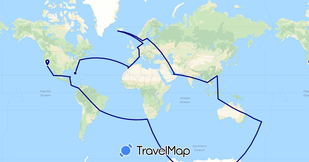 TravelMap itinerary: driving in United Arab Emirates, Australia, Brazil, China, Colombia, Costa Rica, Germany, Denmark, Spain, France, Indonesia, Iceland, Morocco, Monaco, Mexico, Netherlands, New Zealand, Sweden, Thailand, United States, South Africa (Africa, Asia, Europe, North America, Oceania, South America)
